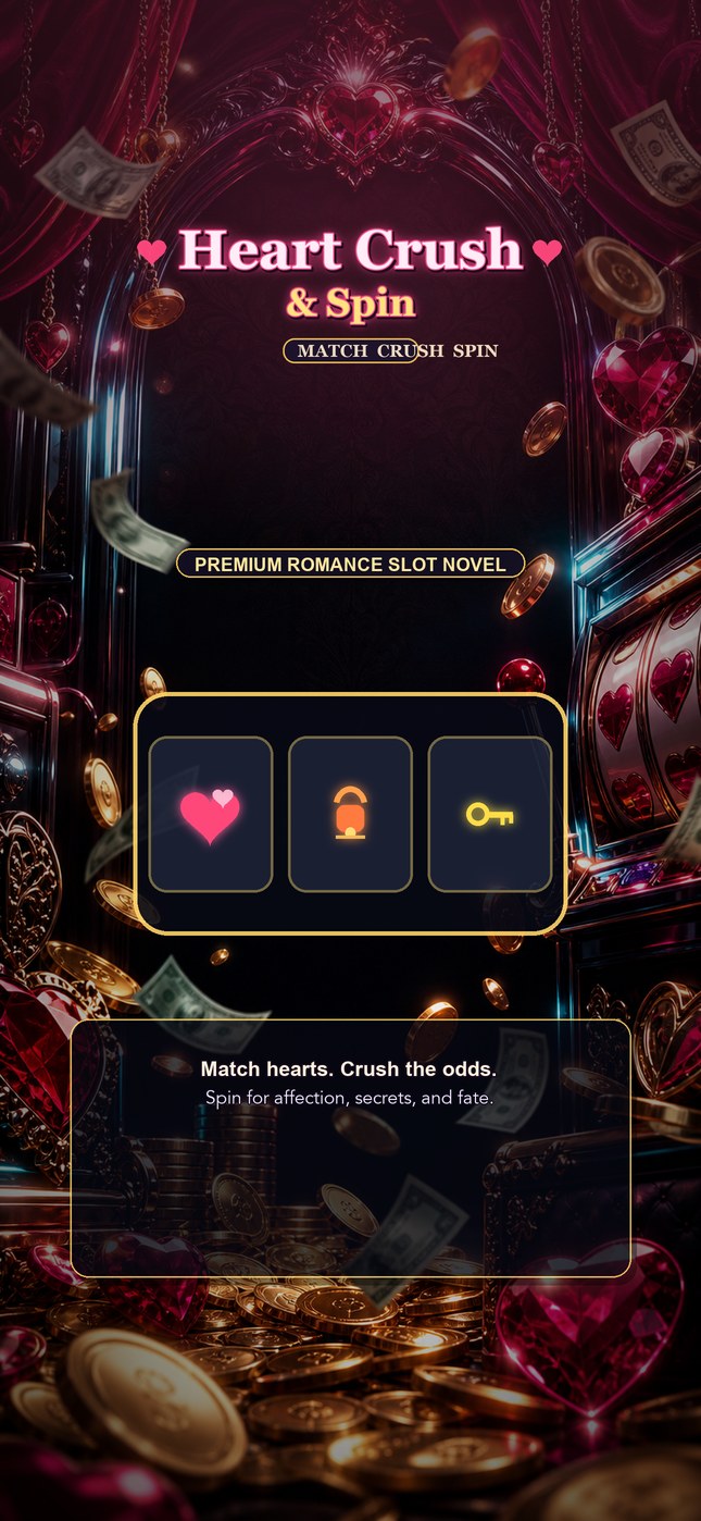 Heart Crush & Spin promotional artwork with casino hearts and gold coins